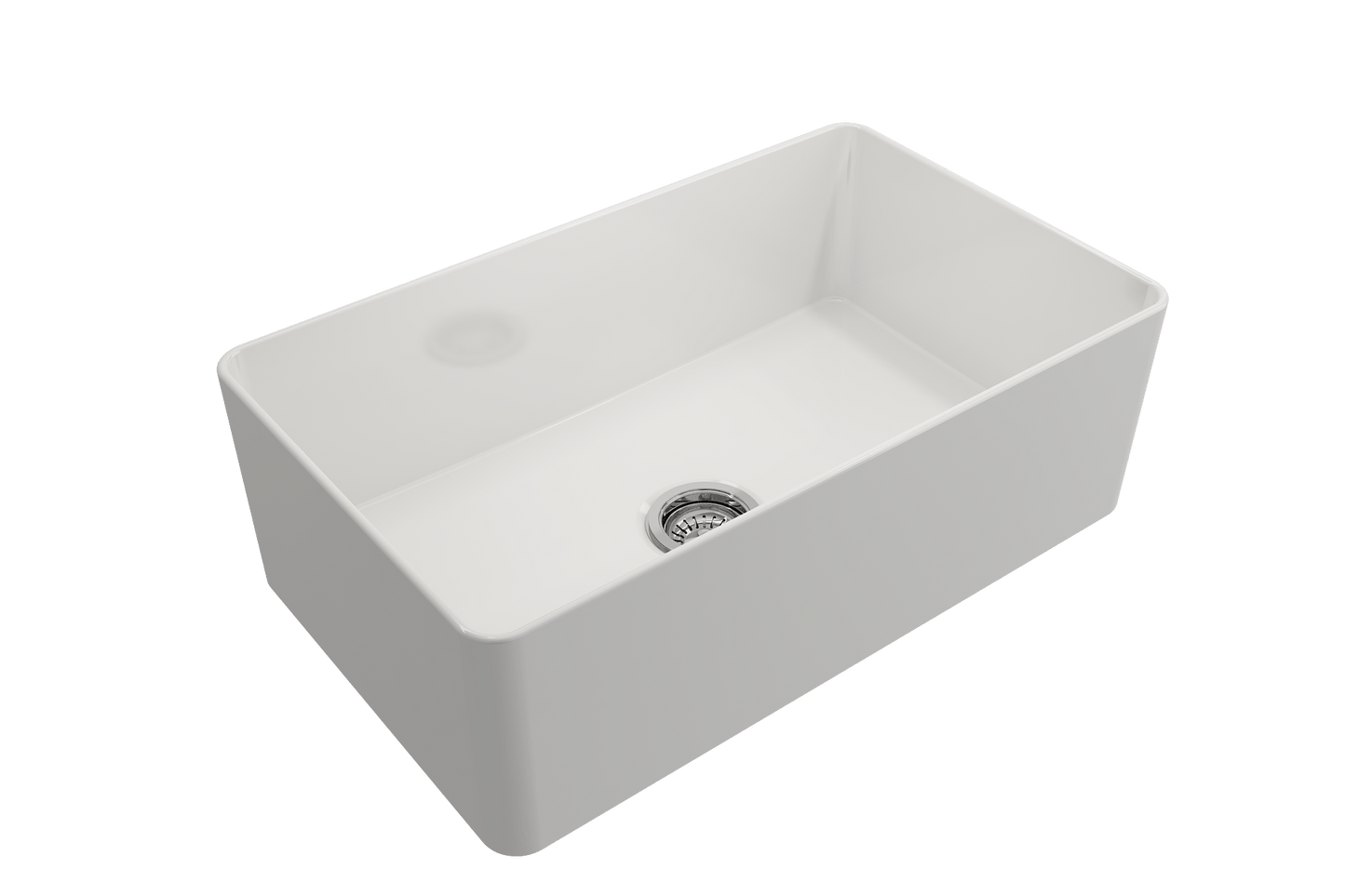 BOCCHI ADERCI FORTE 30" Ultra-Slim Farmhouse Fireclay Single Bowl Kitchen Sink in sleek white finish, top view with drain.