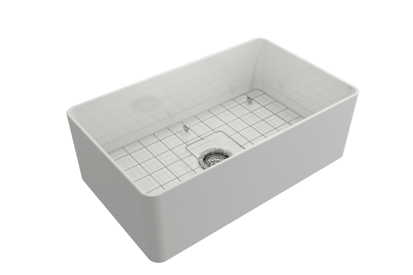 BOCCHI ADERCI FORTE 30" Ultra-Slim Farmhouse Fireclay Single Bowl Kitchen Sink, top view with stainless steel grid, white finish.