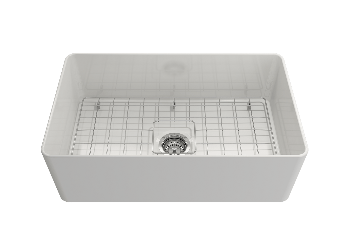 BOCCHI ADERCI FORTE 30" Ultra-Slim Farmhouse Fireclay Single Bowl Kitchen Sink from above with stainless steel grid.