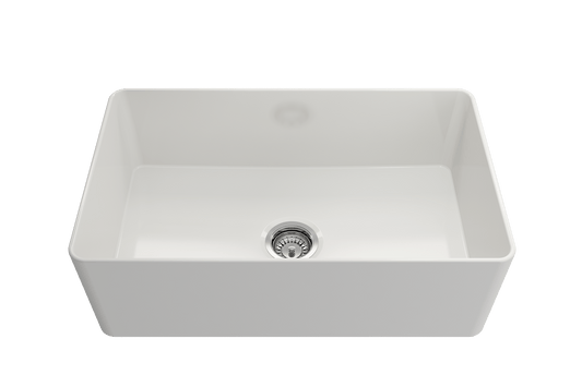 Top view of BOCCHI ADERCI FORTE 30" Ultra-Slim Farmhouse Fireclay Single Bowl Kitchen Sink in white finish.