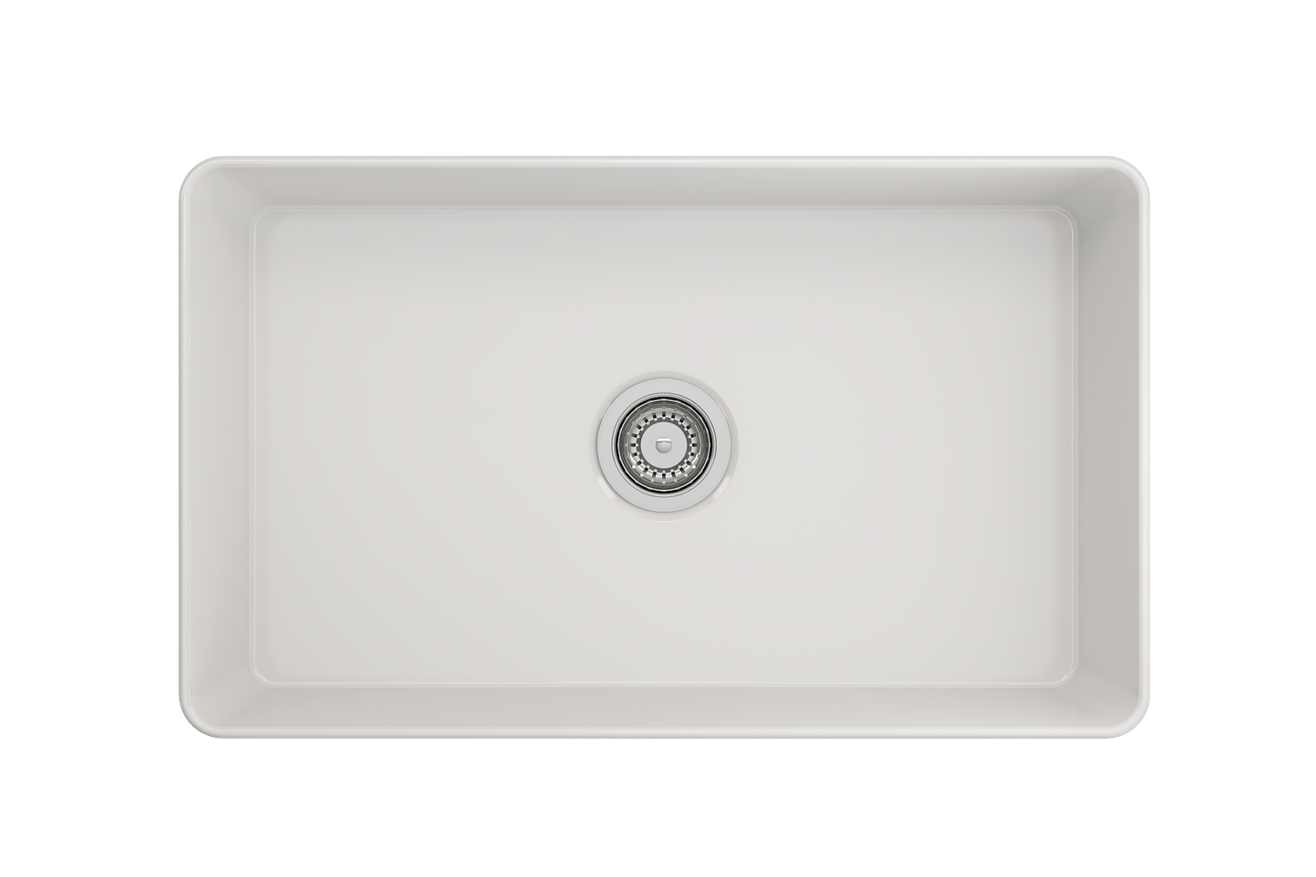 Top view of BOCCHI ADERCI FORTE 30" Ultra-Slim Farmhouse Fireclay Single Bowl Kitchen Sink in white finish.