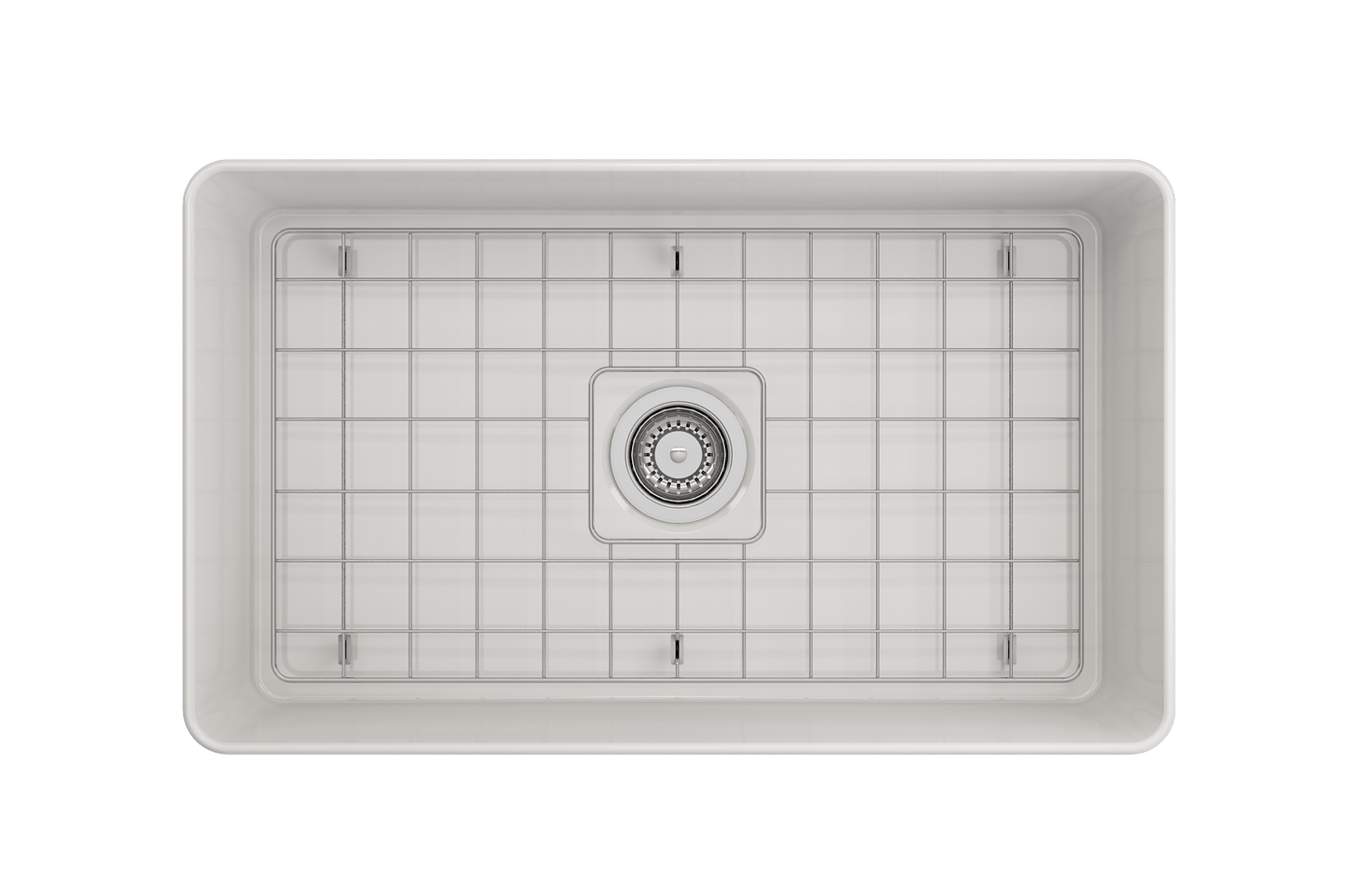 Top view of BOCCHI ADERCI FORTE 30" Ultra-Slim Farmhouse Fireclay Single Bowl Kitchen Sink with grid.