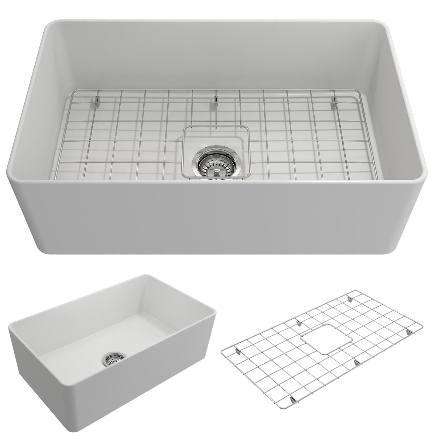BOCCHI ADERCI FORTE 30" Ultra-Slim Farmhouse Fireclay Single Bowl Kitchen Sink in Matte White with grid bottom view