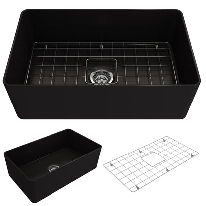 BOCCHI ADERCI FORTE 30" Ultra-Slim Farmhouse Fireclay Single Bowl Kitchen Sink in Matte Black with grid rack.