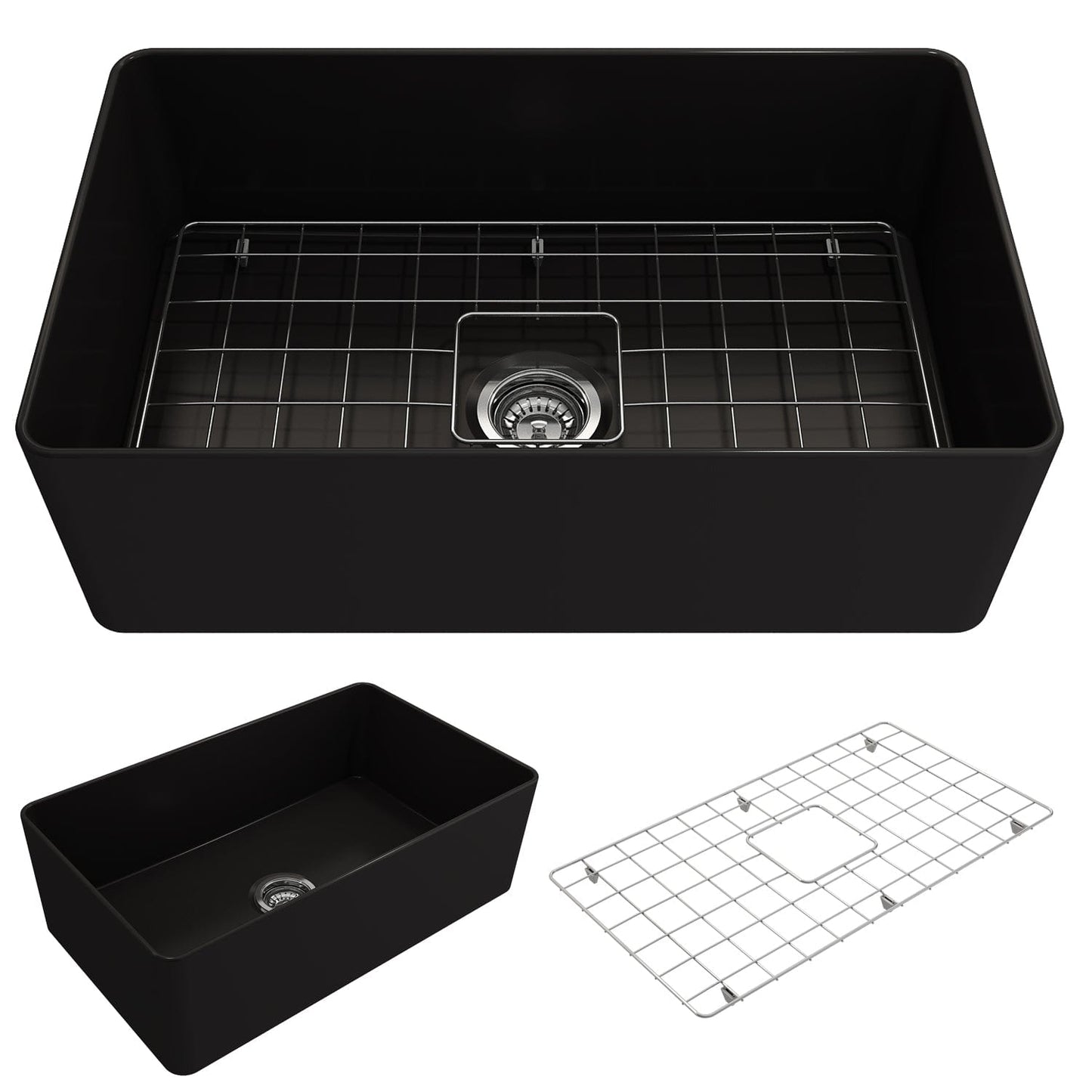 BOCCHI ADERCI FORTE 30" Ultra-Slim Farmhouse Fireclay Single Bowl Kitchen Sink in Matte Black with grid rack.