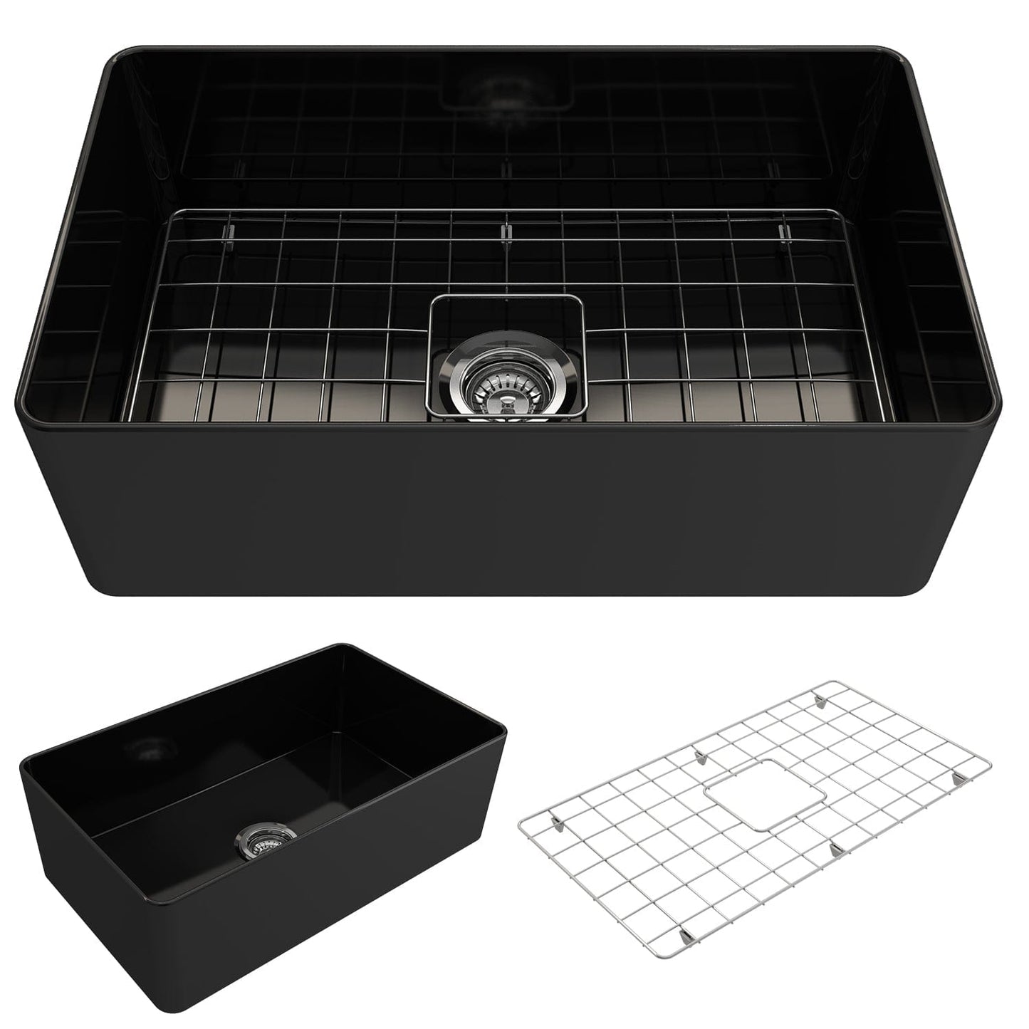 BOCCHI ADERCI FORTE 30" Ultra-Slim Farmhouse Fireclay Single Bowl Kitchen Sink in black with grid and drain.