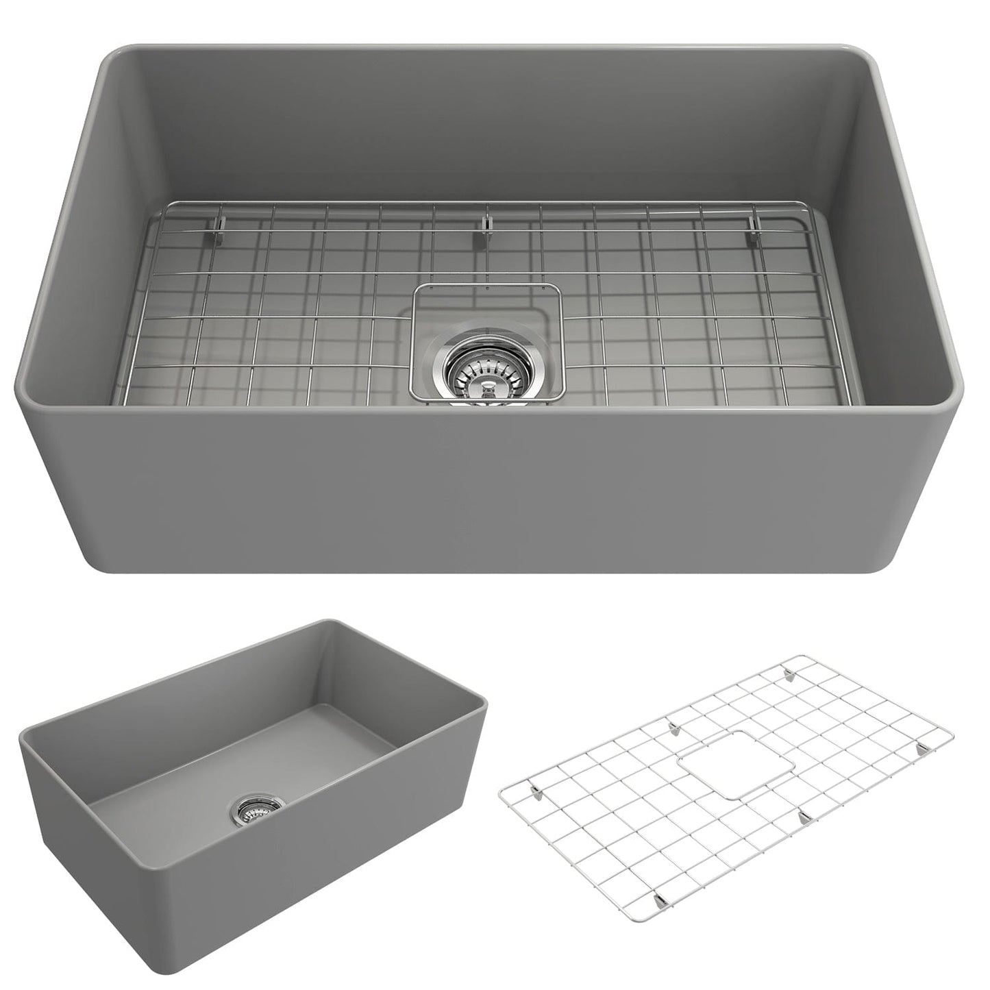 BOCCHI ADERCI FORTE 30" Ultra-Slim Farmhouse Fireclay Single Bowl Kitchen Sink in gray with grid and basin.