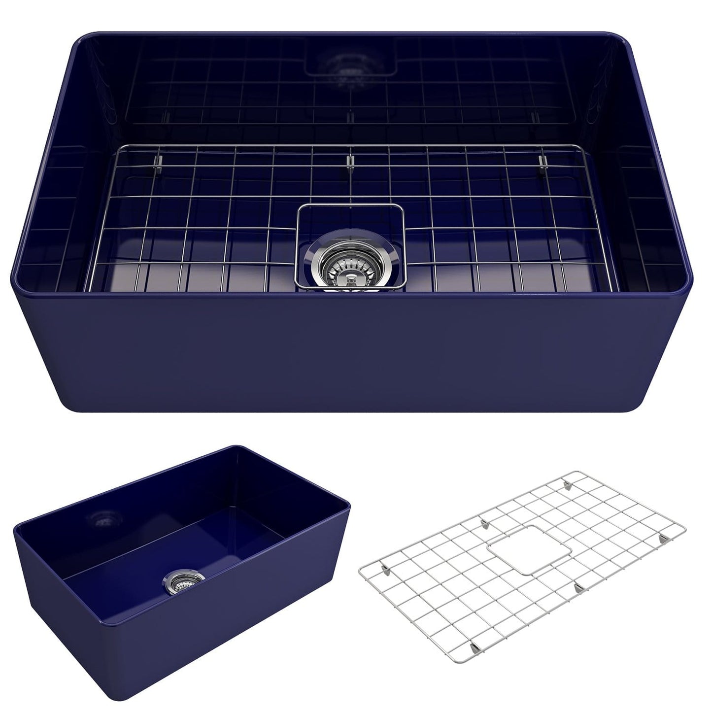 BOCCHI ADERCI FORTE 30" Ultra-Slim Farmhouse Fireclay Single Bowl Kitchen Sink in deep blue color with basin grid.