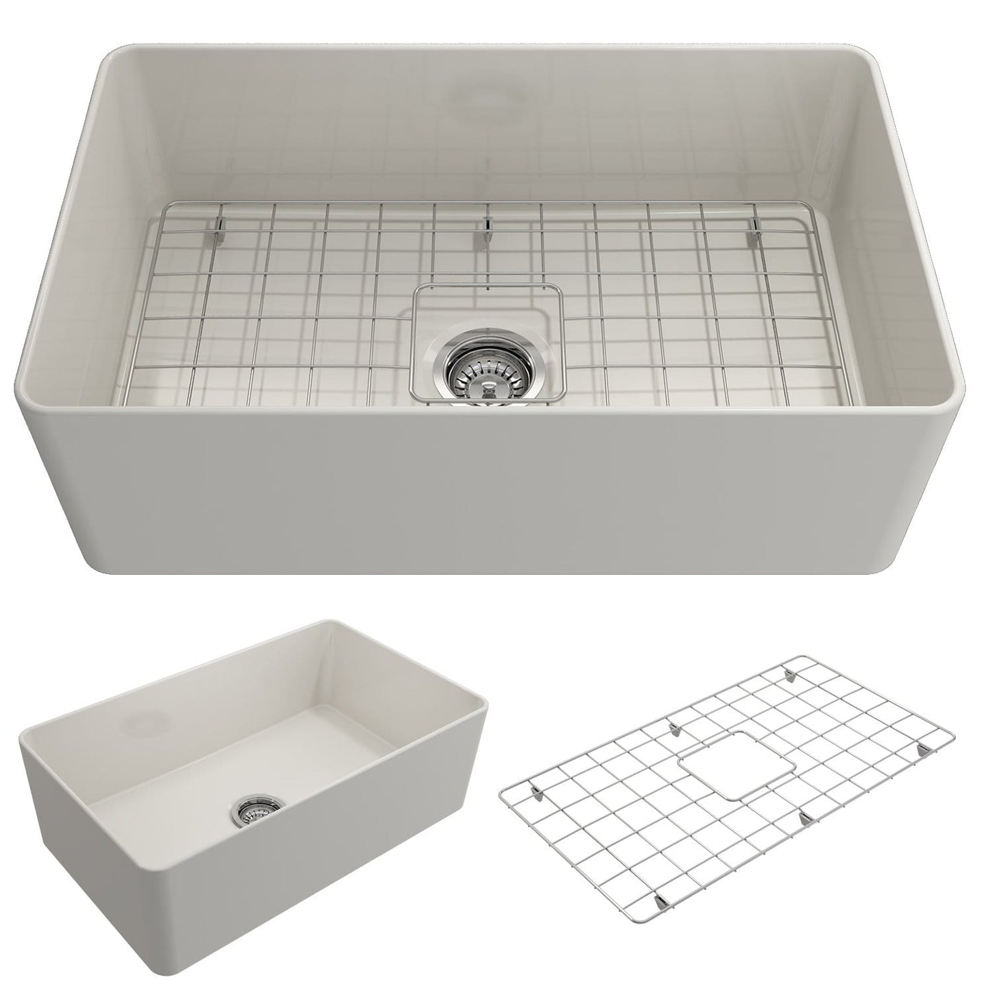 BOCCHI ADERCI FORTE 30" Ultra-Slim Farmhouse Fireclay Single Bowl Kitchen Sink in Biscuit with wire grid and drain.