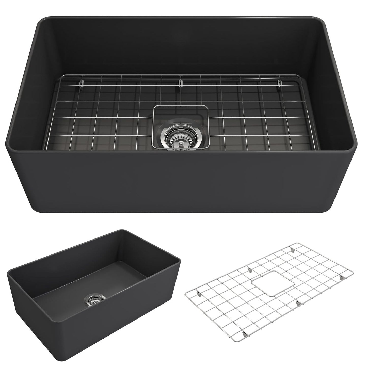 BOCCHI ADERCI FORTE 30" Ultra-Slim Farmhouse Fireclay Single Bowl Kitchen Sink in Matte Dark Gray, top view with grid and side view.
