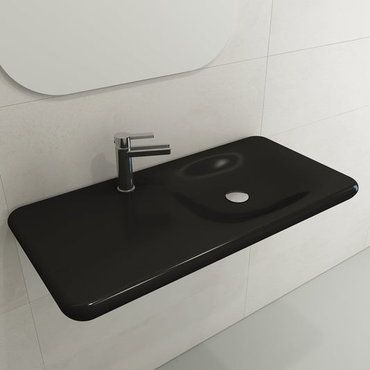BOCCHI FENICE 35.5" Wall-Mounted Sink Fireclay 1-Hole in black with sleek faucet design.