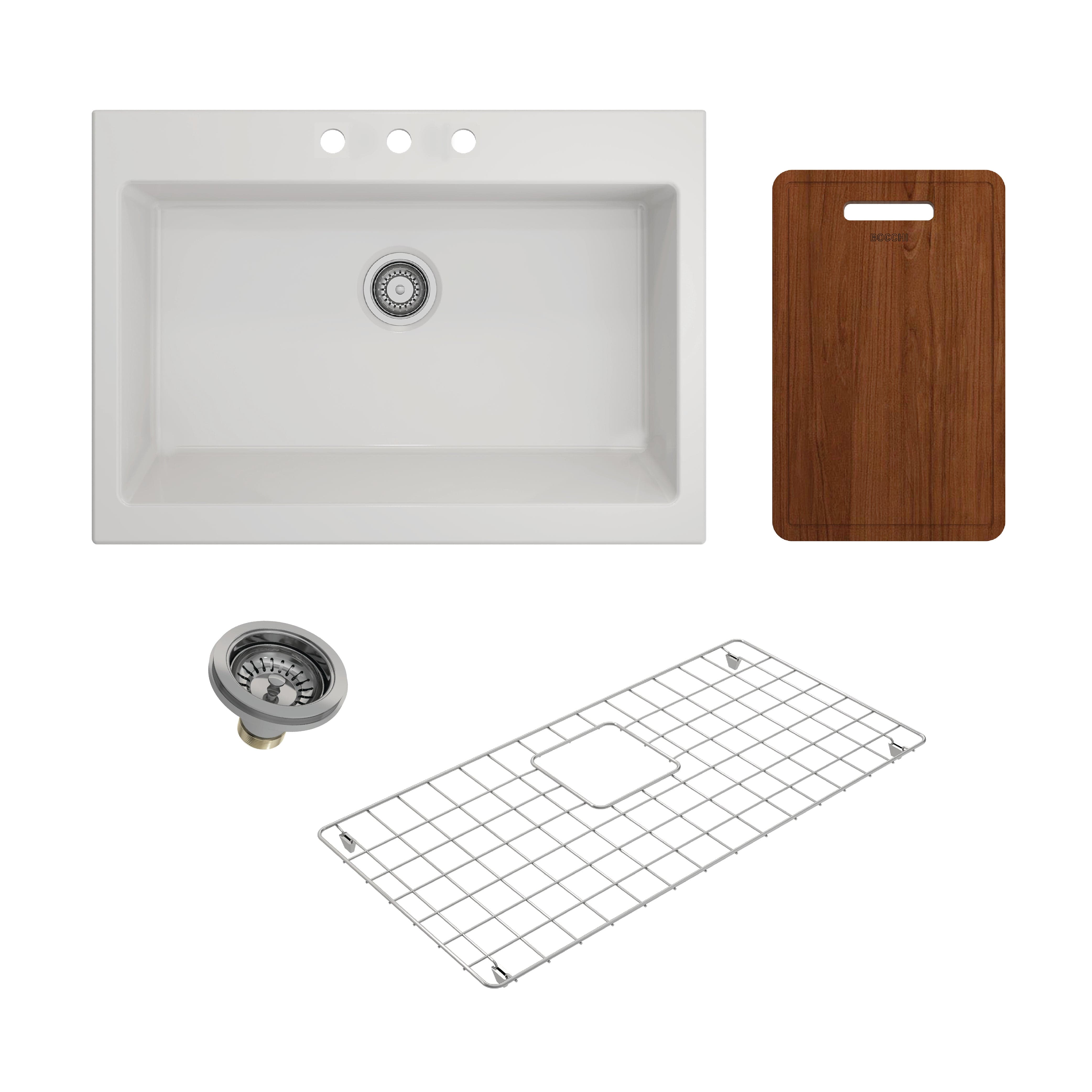 BOCCHI NUOVA 34" Fireclay Kitchen Sink Kit with Protective Bottom Grid and Strainer and Cutting Board 1500-001-KIT1