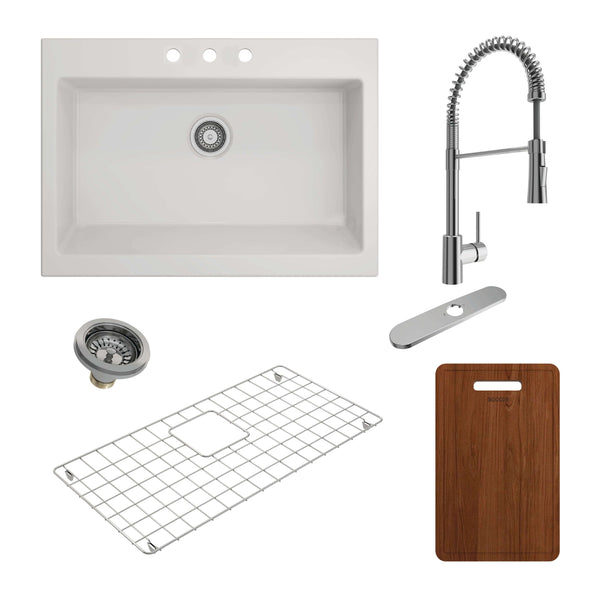 BOCCHI NUOVA 34 Fireclay Kitchen Sink with Protective Bottom Grid and Strainer and Accessories with Livenza 2.0 Faucet