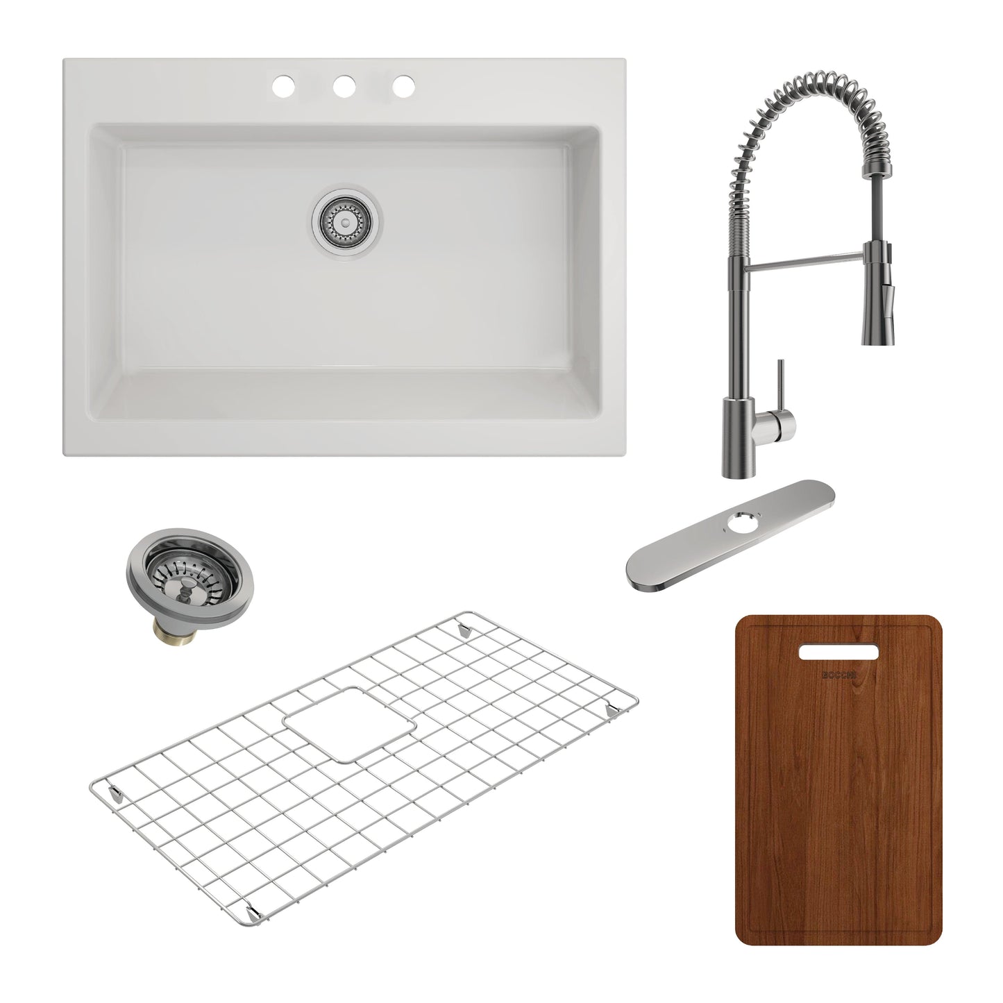 BOCCHI NUOVA 34" Fireclay Kitchen Sink with Protective Bottom Grid and Strainer and Accessories with Livenza 2.0 Faucet