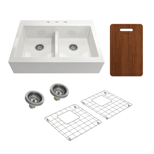 BOCCHI NUOVA 34 Fireclay Kitchen Sink Kit with Protective Bottom Grid and Strainer and Cutting Board 1501-001-KIT1