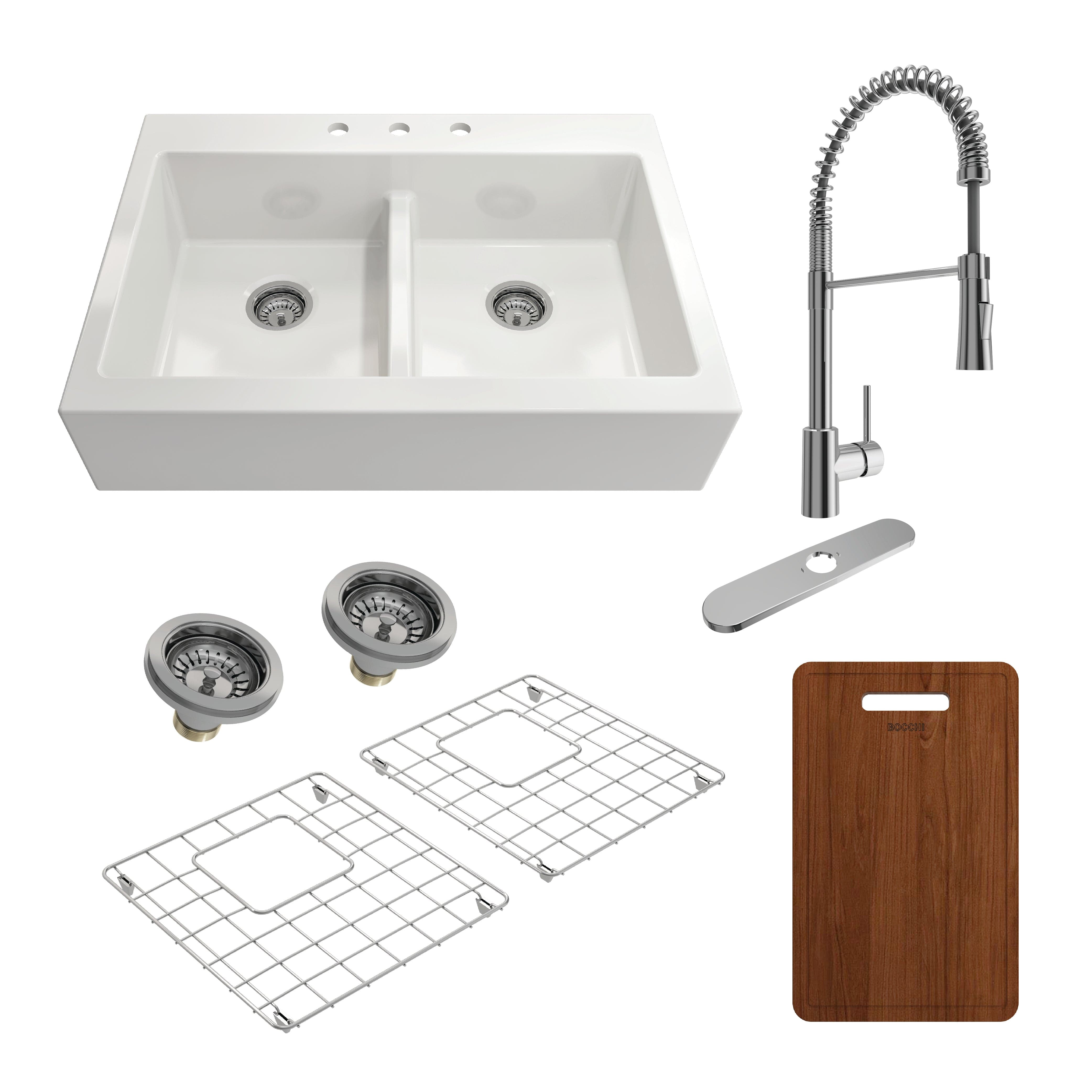 BOCCHI NUOVA 34" Fireclay Kitchen Sink with Protective Bottom Grid and Strainer and Cutting Board with Livenza 2.0 Faucet