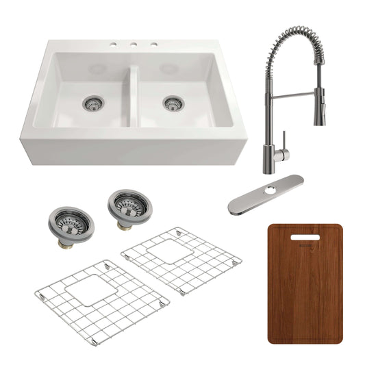 BOCCHI NUOVA 34" Fireclay Kitchen Sink with Protective Bottom Grid and Strainer and Cutting Board with Livenza 2.0 Faucet