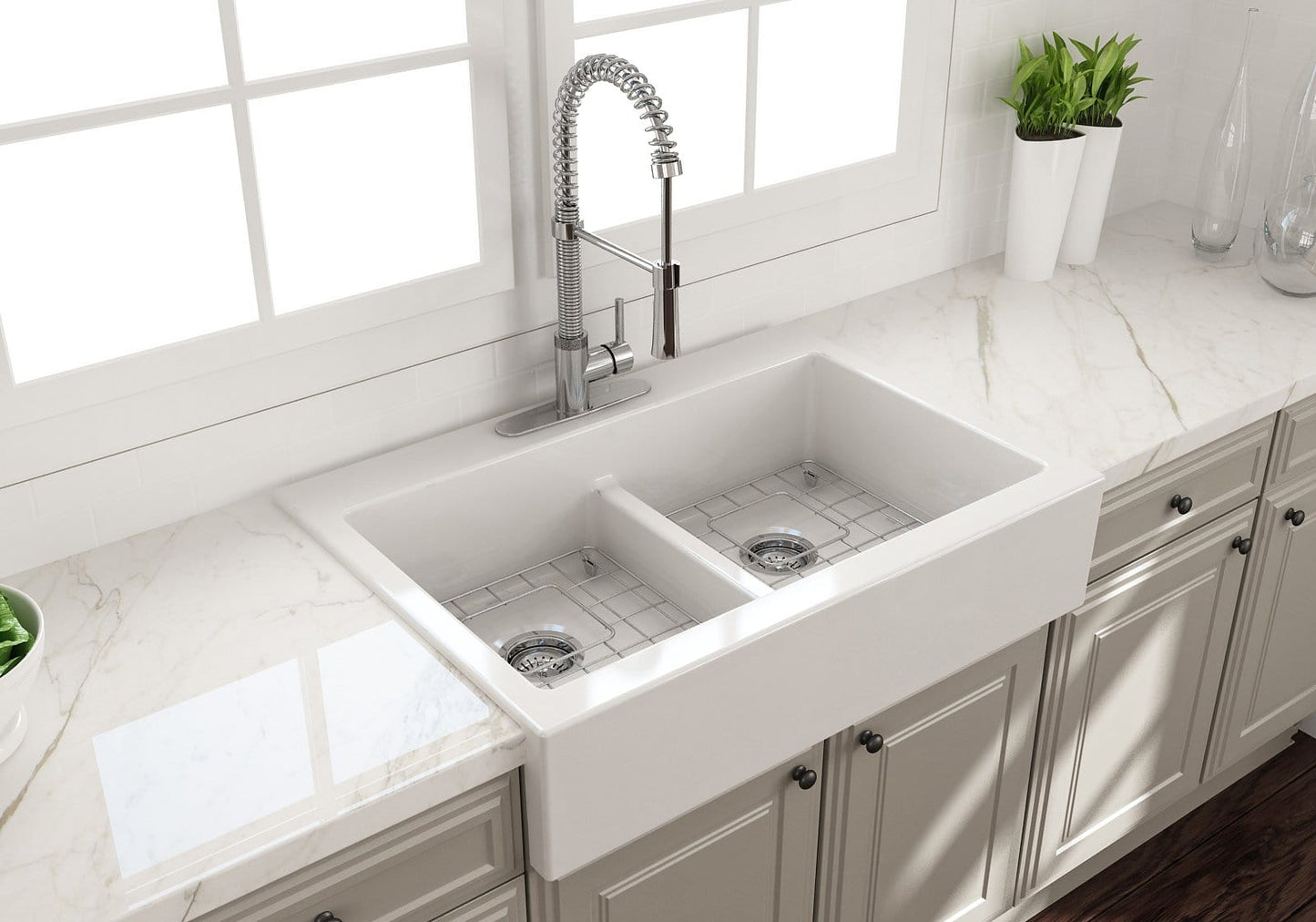 BOCCHI NUOVA Farmhouse Short Apron Front Fireclay 34" Double Bowl Kitchen Sink right side view with modern faucet.