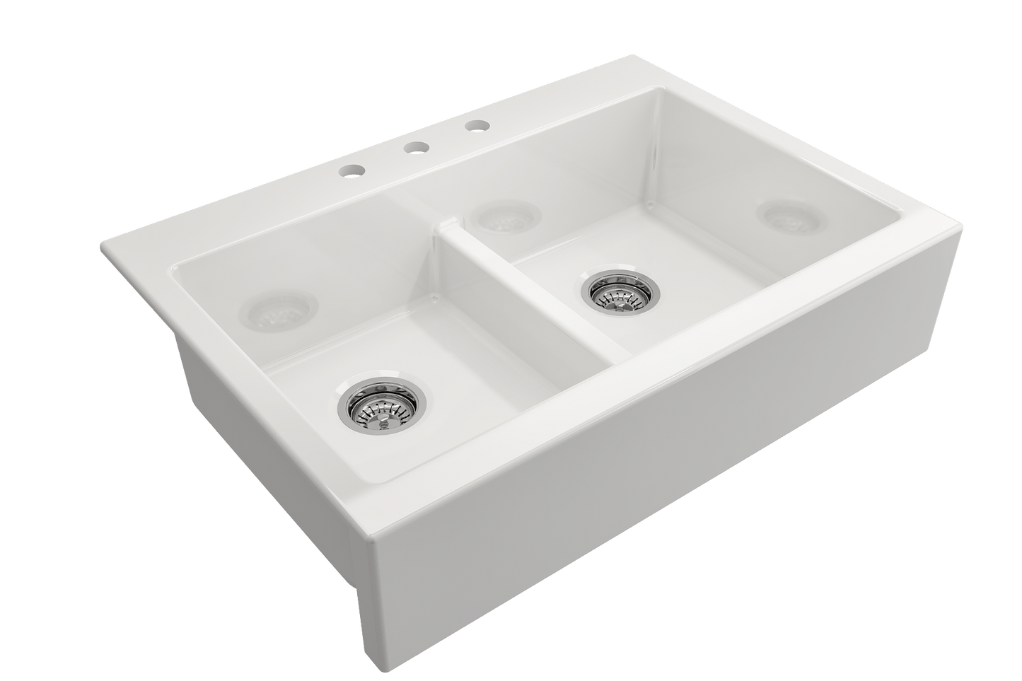 BOCCHI NUOVA Farmhouse Short Apron Front Fireclay 34" Double Bowl Kitchen Sink white top view with drain.