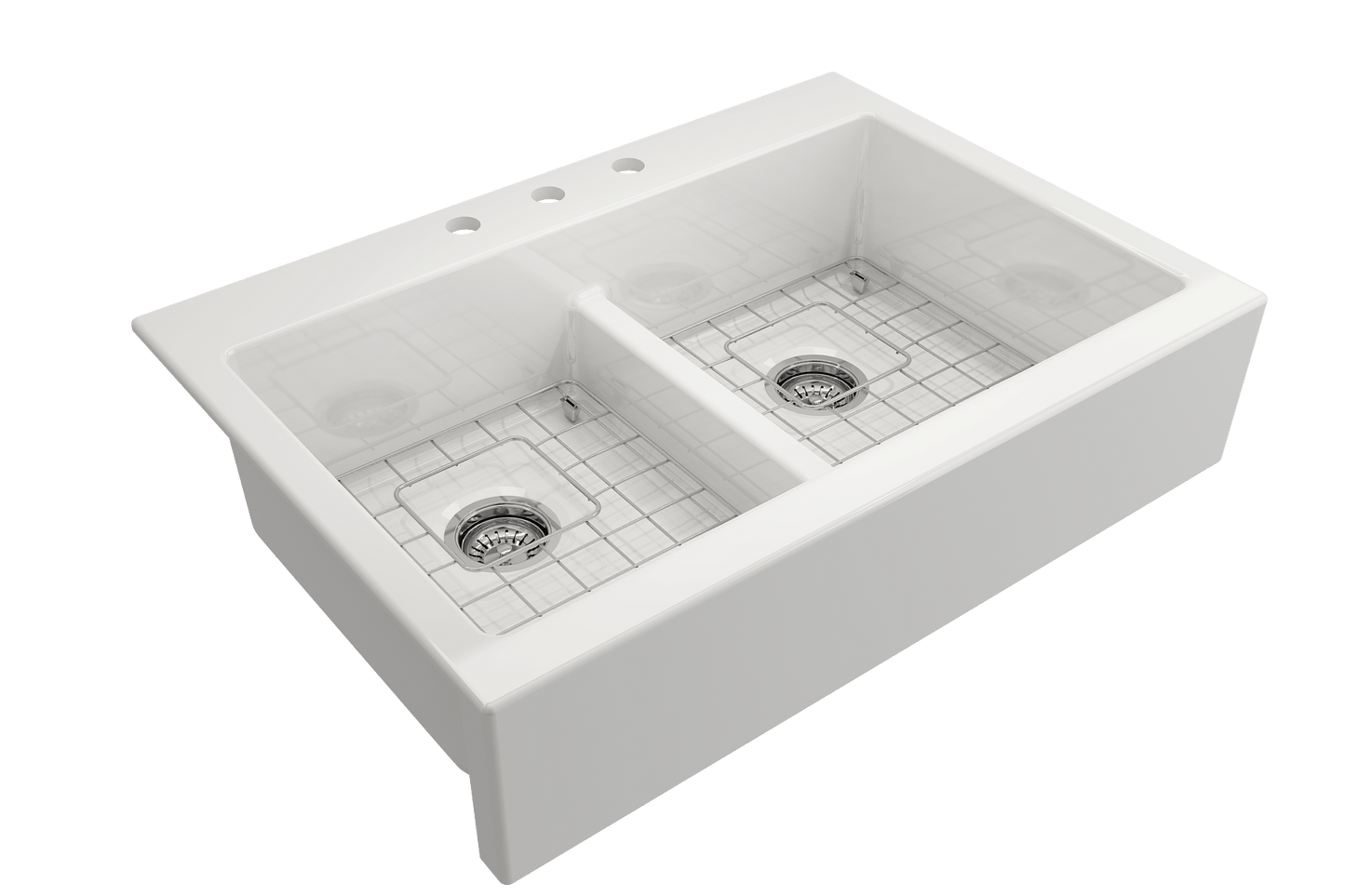 BOCCHI NUOVA Farmhouse Short Apron Front Fireclay 34" Double Bowl Kitchen Sink, front view in glossy white finish.