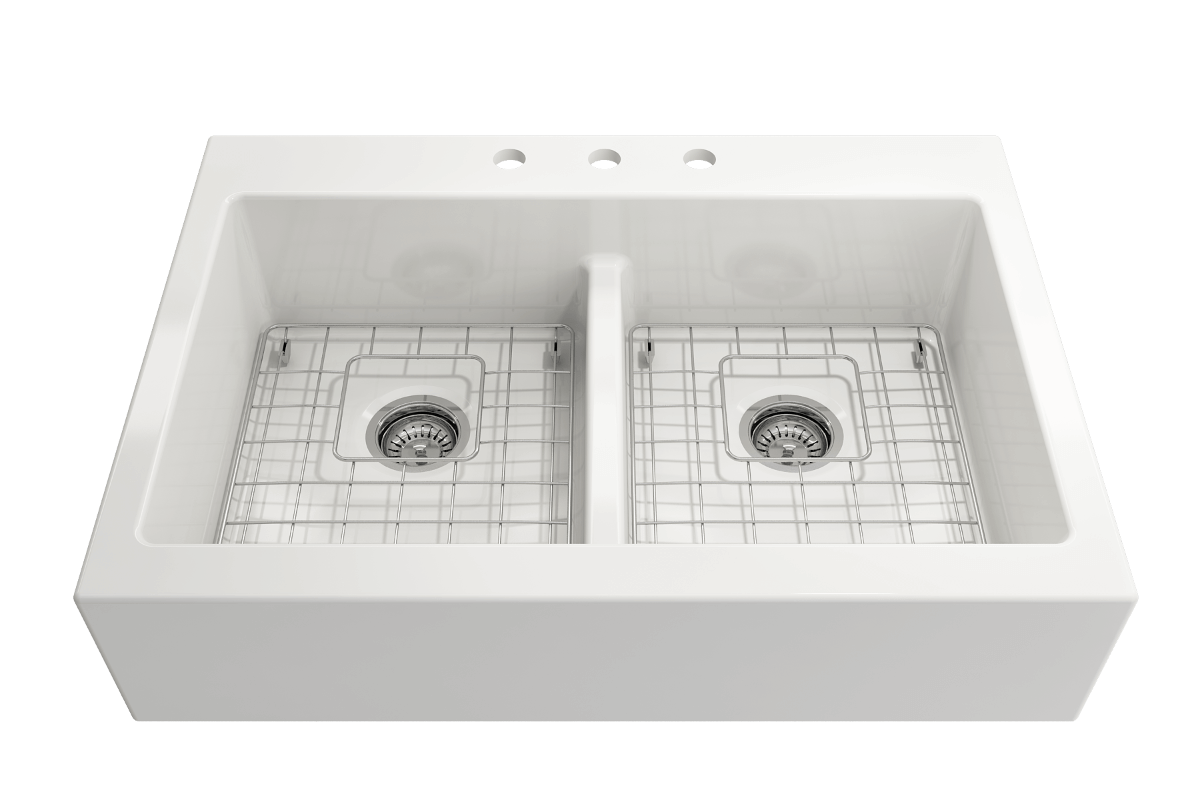 BOCCHI NUOVA Farmhouse Short Apron Front Fireclay 34" Double Bowl Kitchen Sink top view with stainless steel grids.