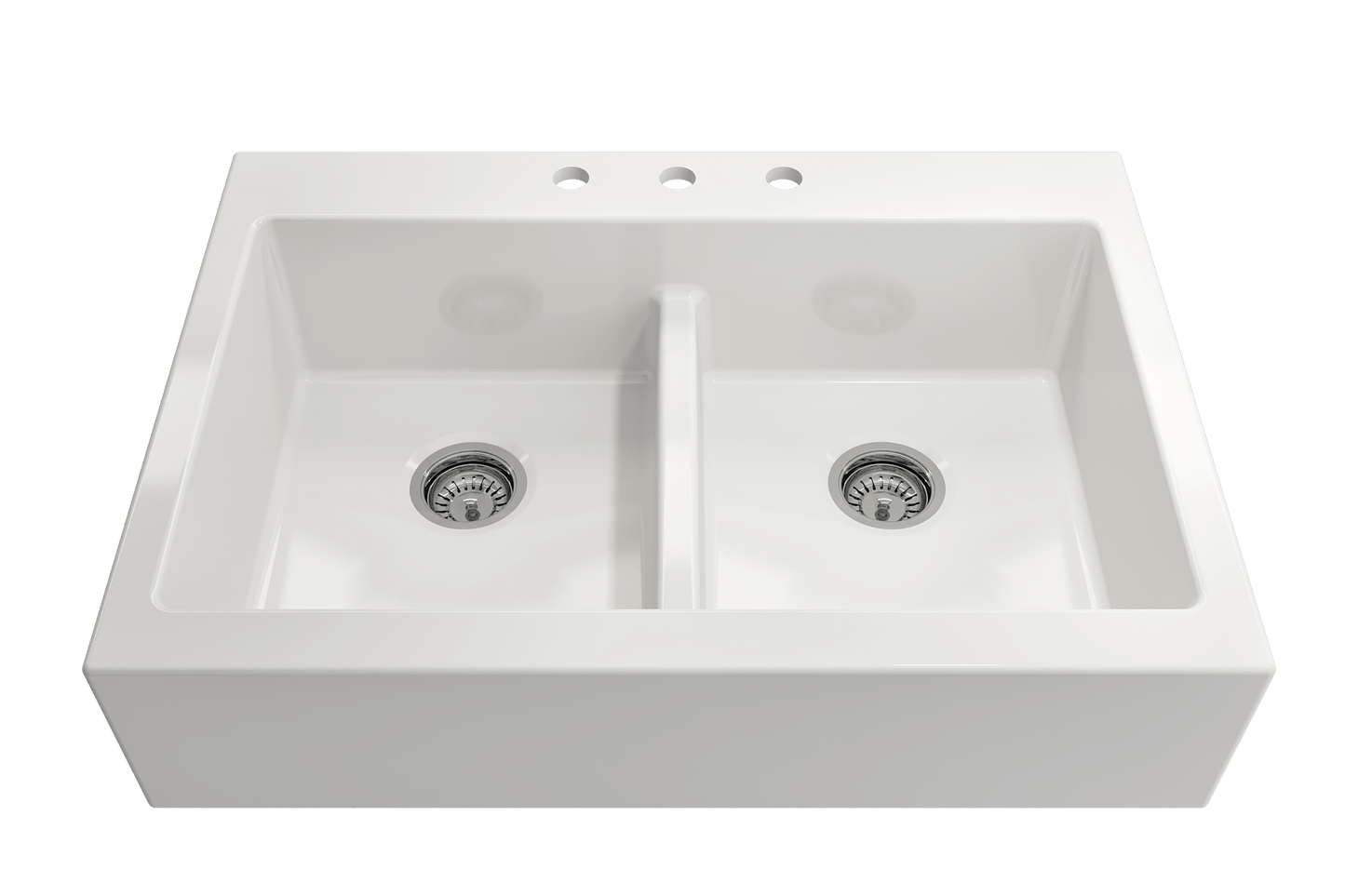 BOCCHI NUOVA Farmhouse Short Apron Front Fireclay 34" Double Bowl Kitchen Sink top view in white color.