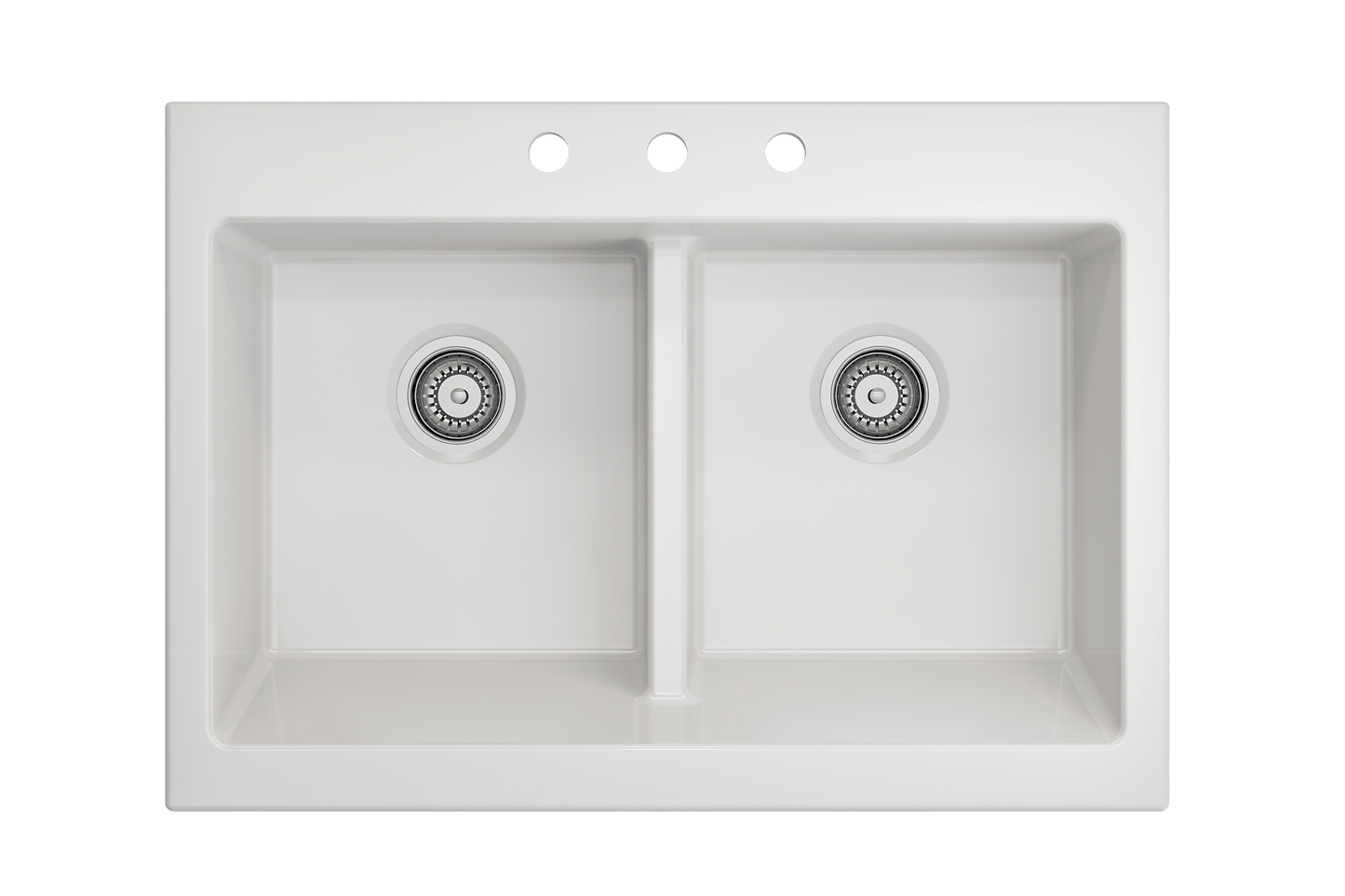 Top view of BOCCHI NUOVA Farmhouse Short Apron Front Fireclay 34" Double Bowl Kitchen Sink in white finish.