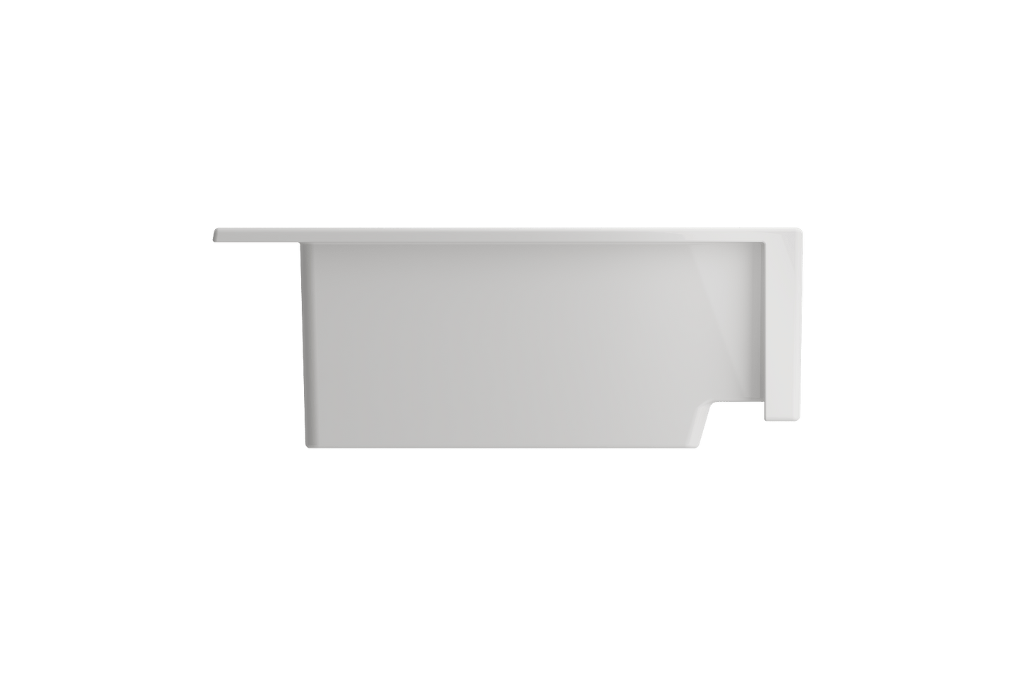 BOCCHI NUOVA Farmhouse Short Apron Front Fireclay 34" Double Bowl Kitchen Sink, right side view in glossy white finish.