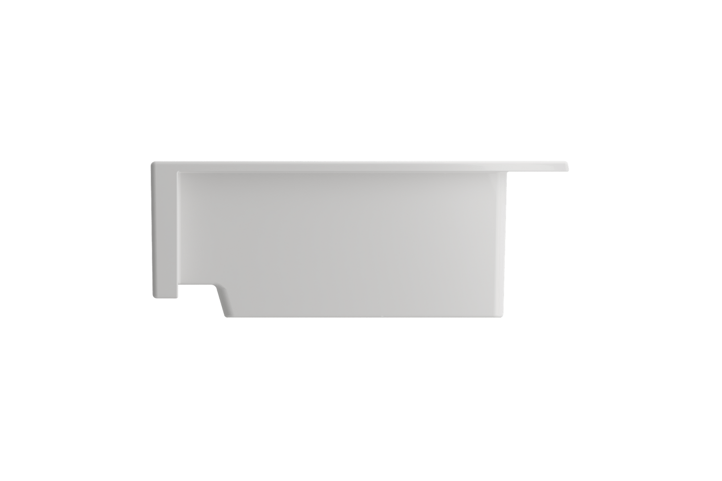 Right side view of BOCCHI NUOVA Farmhouse Short Apron Front Fireclay 34" Double Bowl Kitchen Sink in white finish.