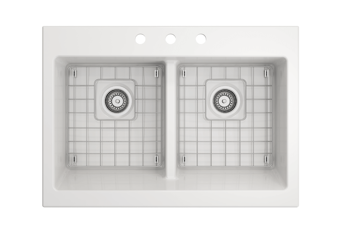 Top view of BOCCHI NUOVA Farmhouse Short Apron Front Fireclay 34" Double Bowl Kitchen Sink with grids.