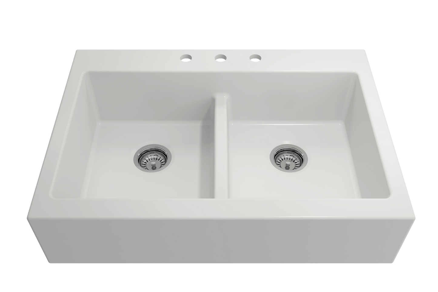 BOCCHI NUOVA Farmhouse Short Apron Front Fireclay 34" Double Bowl Kitchen Sink top view in matte white finish.
