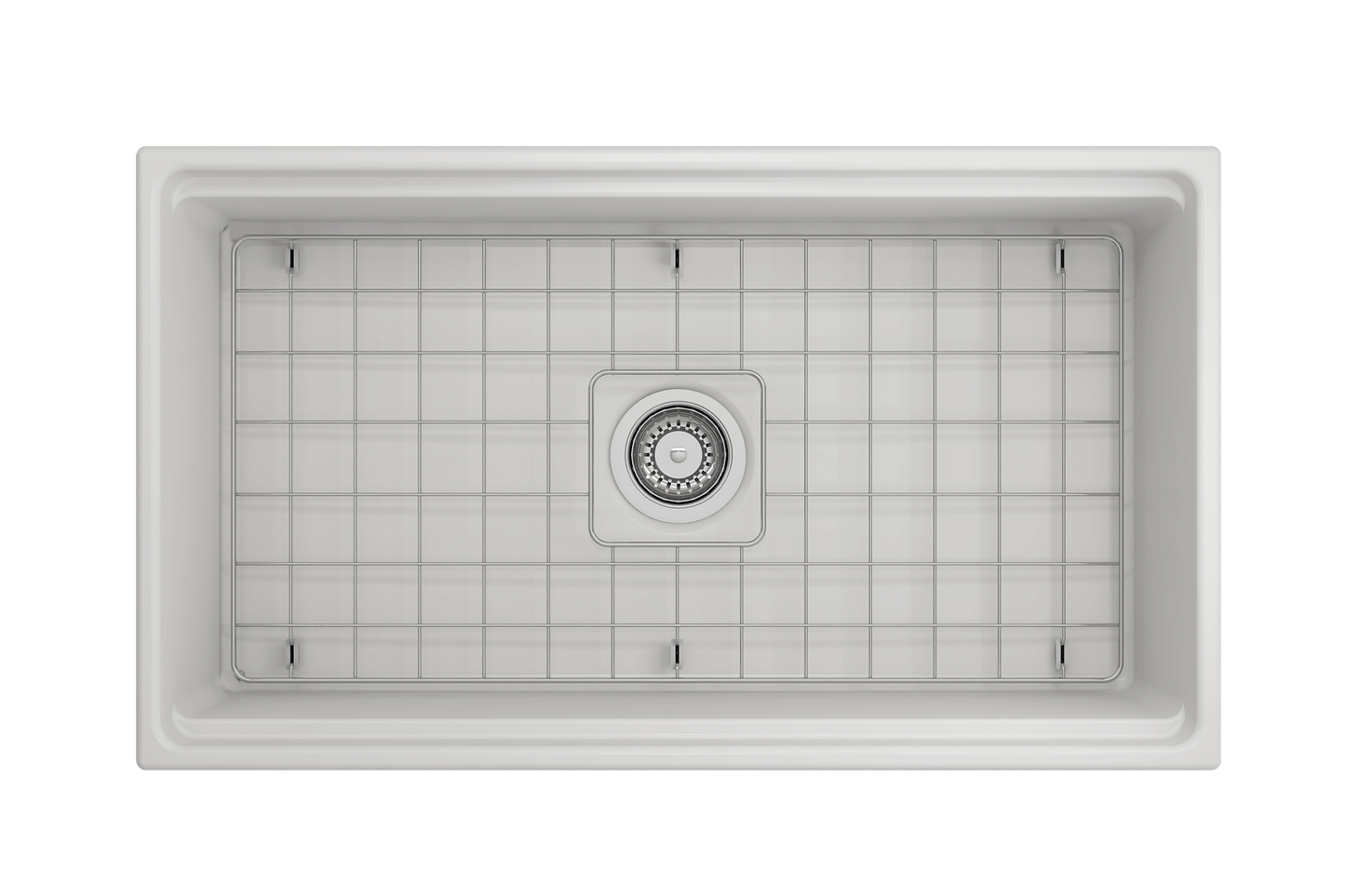 Top-down perspective of matte white BOCCHI Contempo 33 inch fireclay sink with workstation ledge and stainless steel bottom grid.