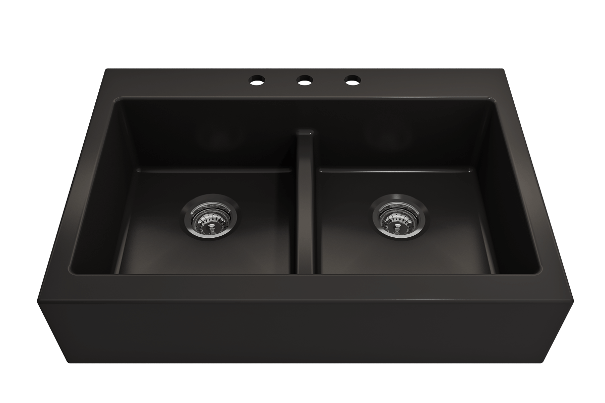 BOCCHI NUOVA Farmhouse Short Apron Front Fireclay 34" Double Bowl Kitchen Sink in Matte Black, top view showcasing dual bowls.