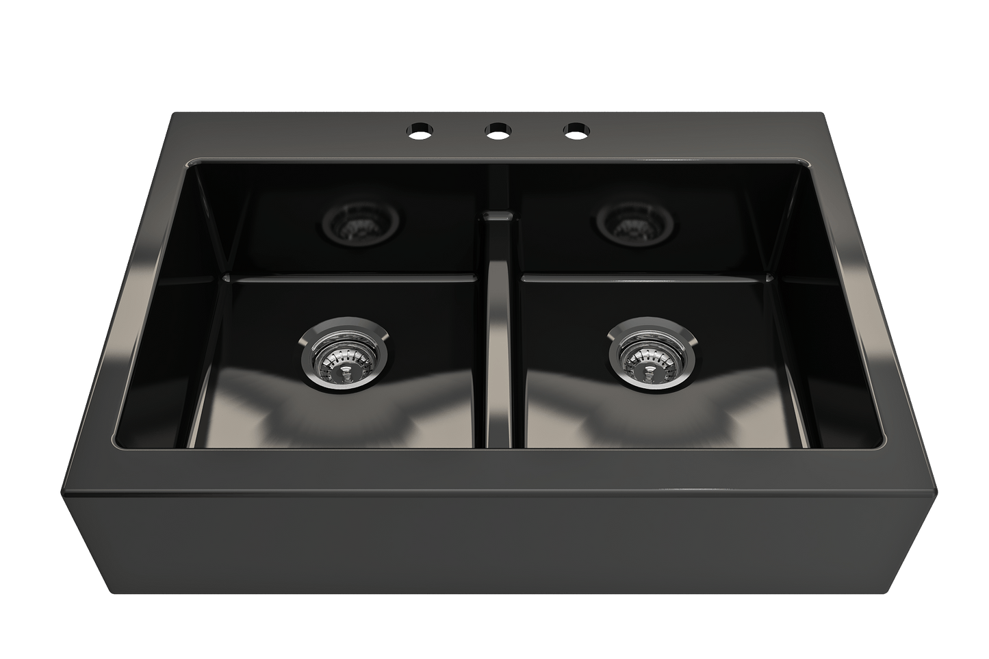 BOCCHI NUOVA Farmhouse Short Apron Front Fireclay 34" Double Bowl Kitchen Sink in black, top view showcasing double bowl design.