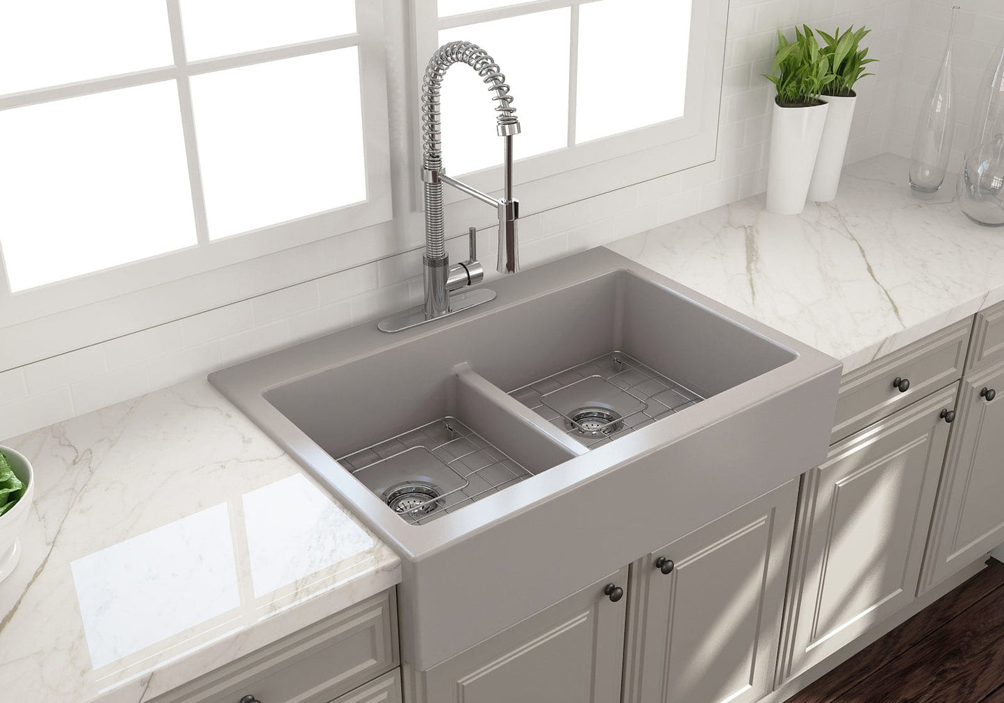 BOCCHI NUOVA Farmhouse Short Apron Front Fireclay 34" Double Bowl Kitchen Sink in gray, top view with modern faucet and marble countertop.