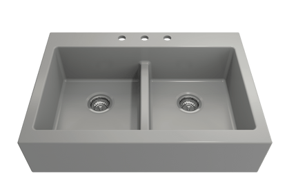 BOCCHI NUOVA Farmhouse Short Apron Front Fireclay 34" Double Bowl Kitchen Sink in Matte Gray, top view with two bowls.