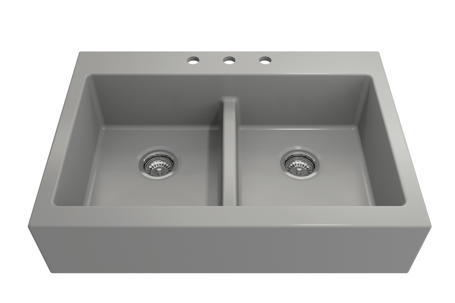 BOCCHI NUOVA Farmhouse Short Apron Front Fireclay 34" Double Bowl Kitchen Sink in Matte Gray, top view with two bowls.