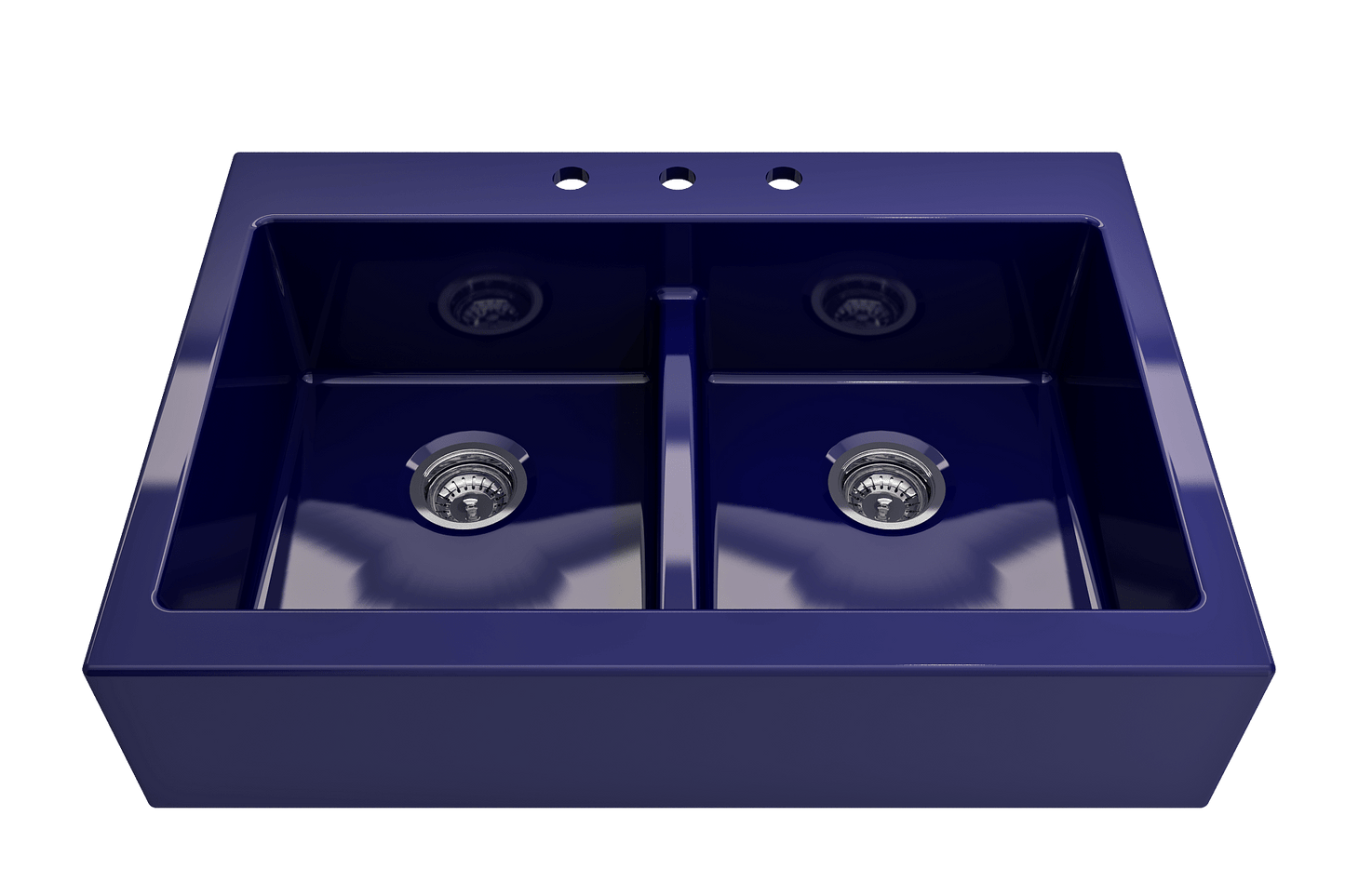 BOCCHI NUOVA Farmhouse Short Apron Front Fireclay 34" Double Bowl Kitchen Sink in Sapphire Blue, top view.