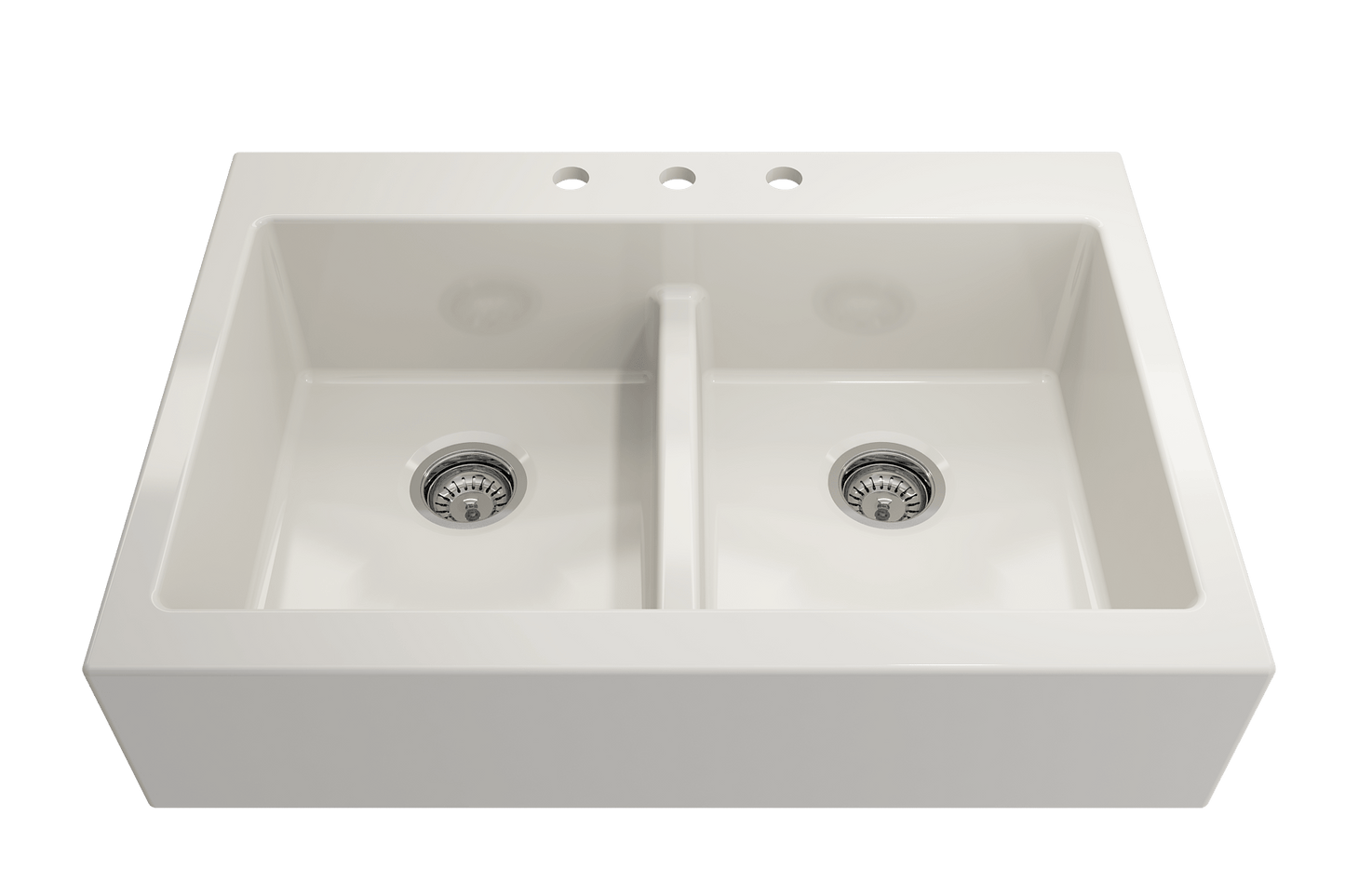BOCCHI NUOVA Farmhouse Short Apron Front Fireclay 34" Double Bowl Kitchen Sink in pristine white, top view with dual drain openings.