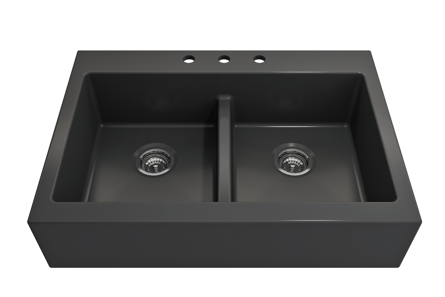 Top view of BOCCHI NUOVA Farmhouse Short Apron Front Fireclay 34" Double Bowl Kitchen Sink in Matte Dark Gray.