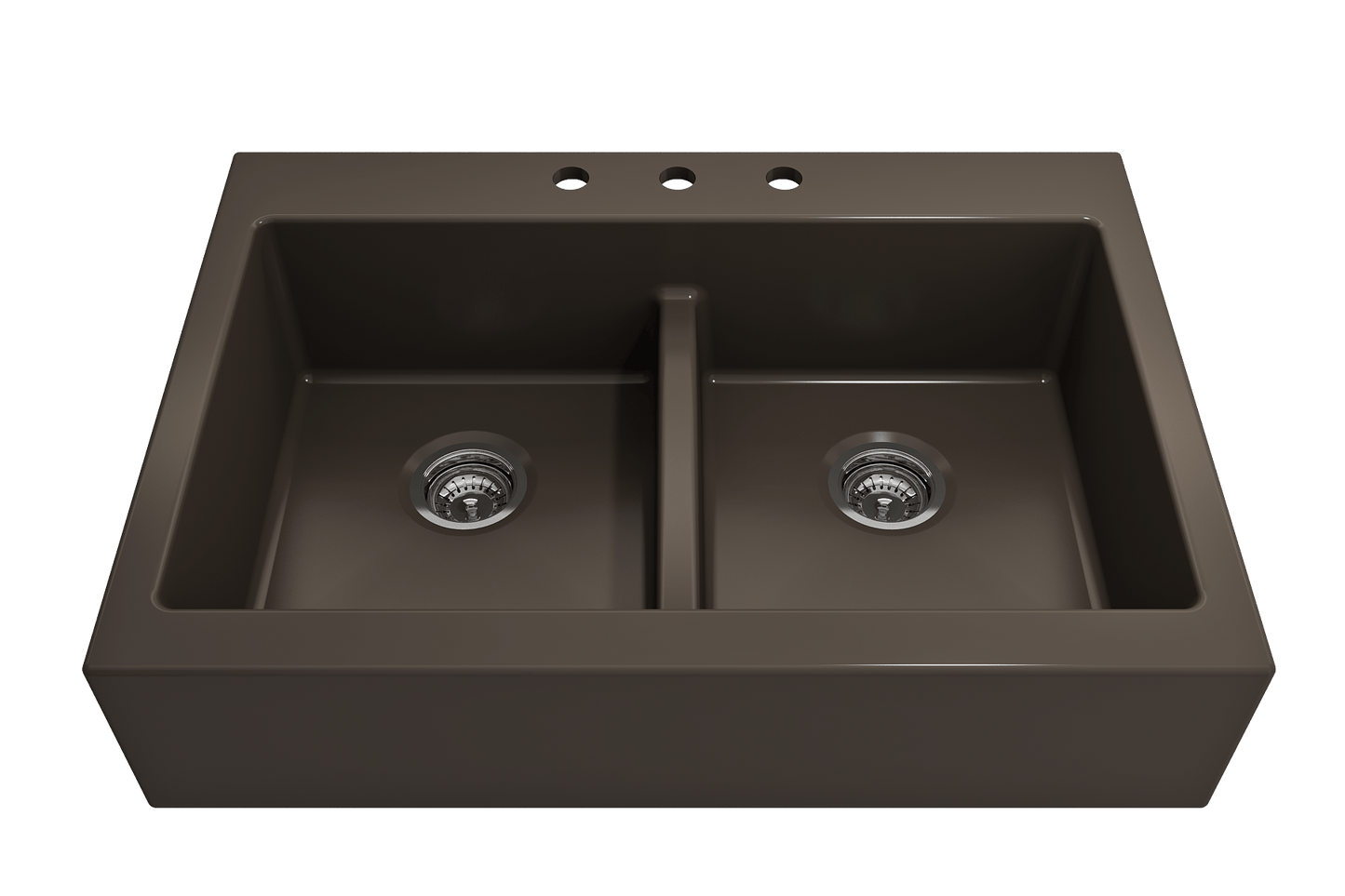 BOCCHI NUOVA Farmhouse Short Apron Front Fireclay 34" Double Bowl Kitchen Sink in Matte Brown, top view.