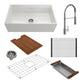 BOCCHI CONTEMPO 33" Fireclay Workstation Farmhouse Sink with Livenza Faucet, white sink and chrome faucet with accessories.