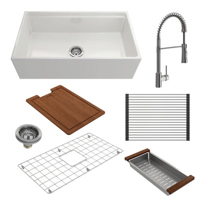 BOCCHI CONTEMPO 33" Fireclay Workstation Farmhouse Sink with Livenza Faucet, white sink, stainless steel faucet and accessories.