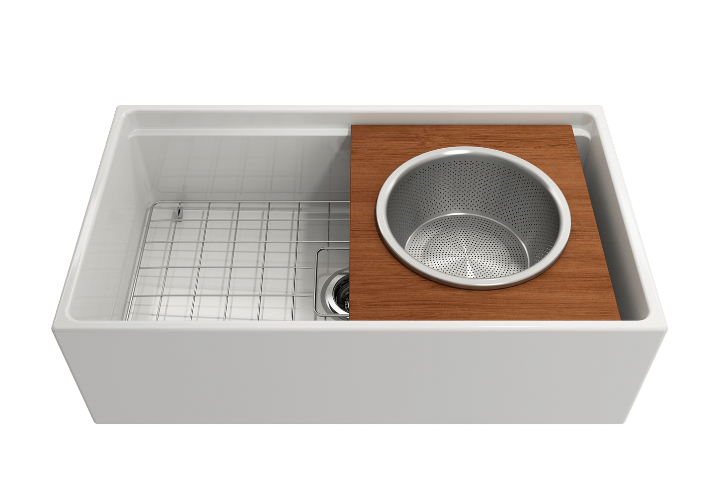 BOCCHI Prep Board Set for Workstation Sinks - Round SS Mixing Bowl & Colander - 2320 0015 displayed in white sink.