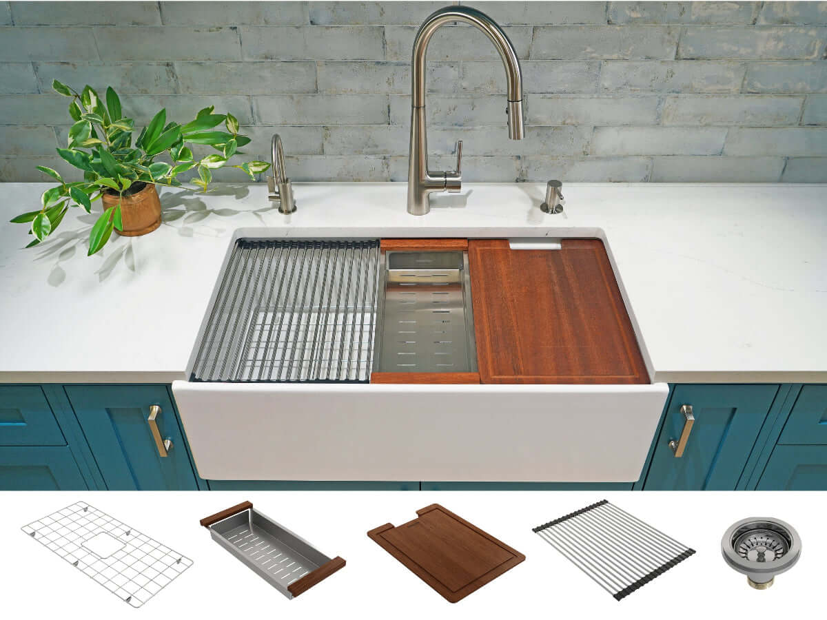 Lifestyle image of Bocchi Contempo 33" sink in a modern kitchen with expanded view of included accessories.