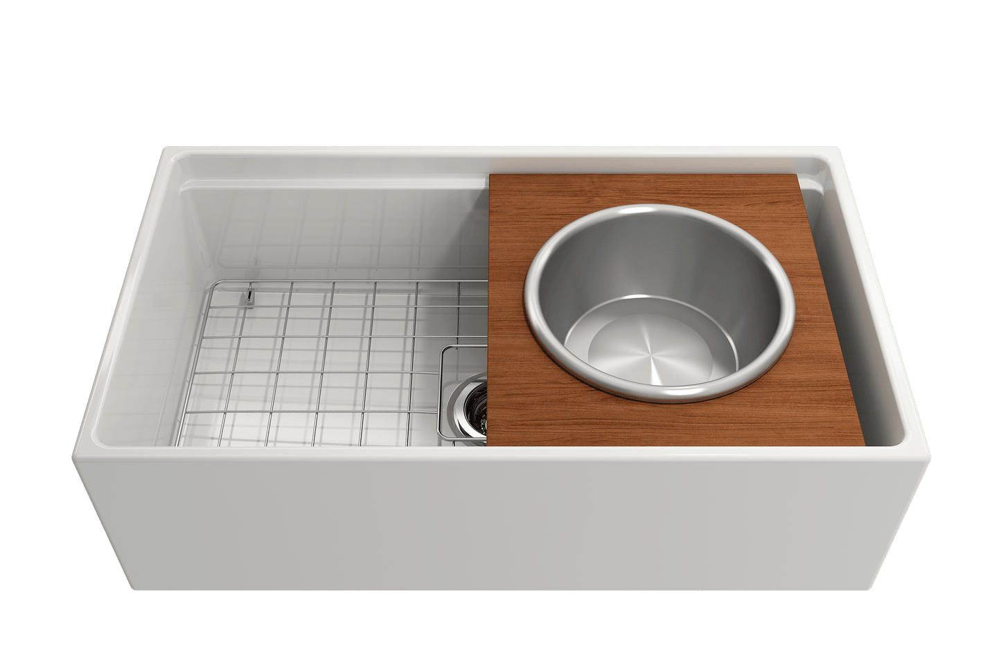 BOCCHI Prep Board Set for Workstation Sinks - Round SS Mixing Bowl & Colander - 2320 0015 on a kitchen sink.