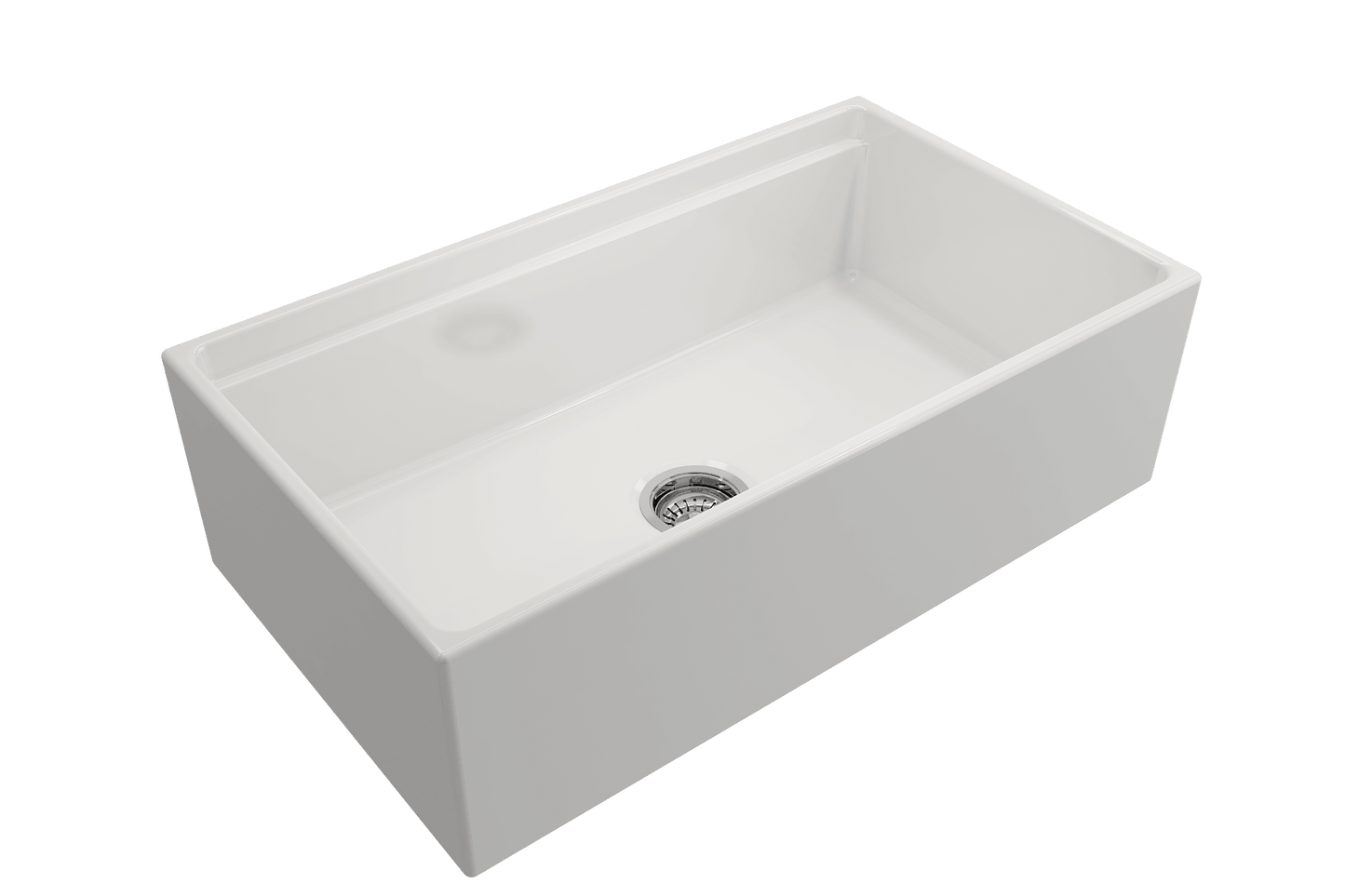 Side angle of white BOCCHI CONTEMPO 33" Fireclay Farmhouse sink highlighting center drain and chrome strainer