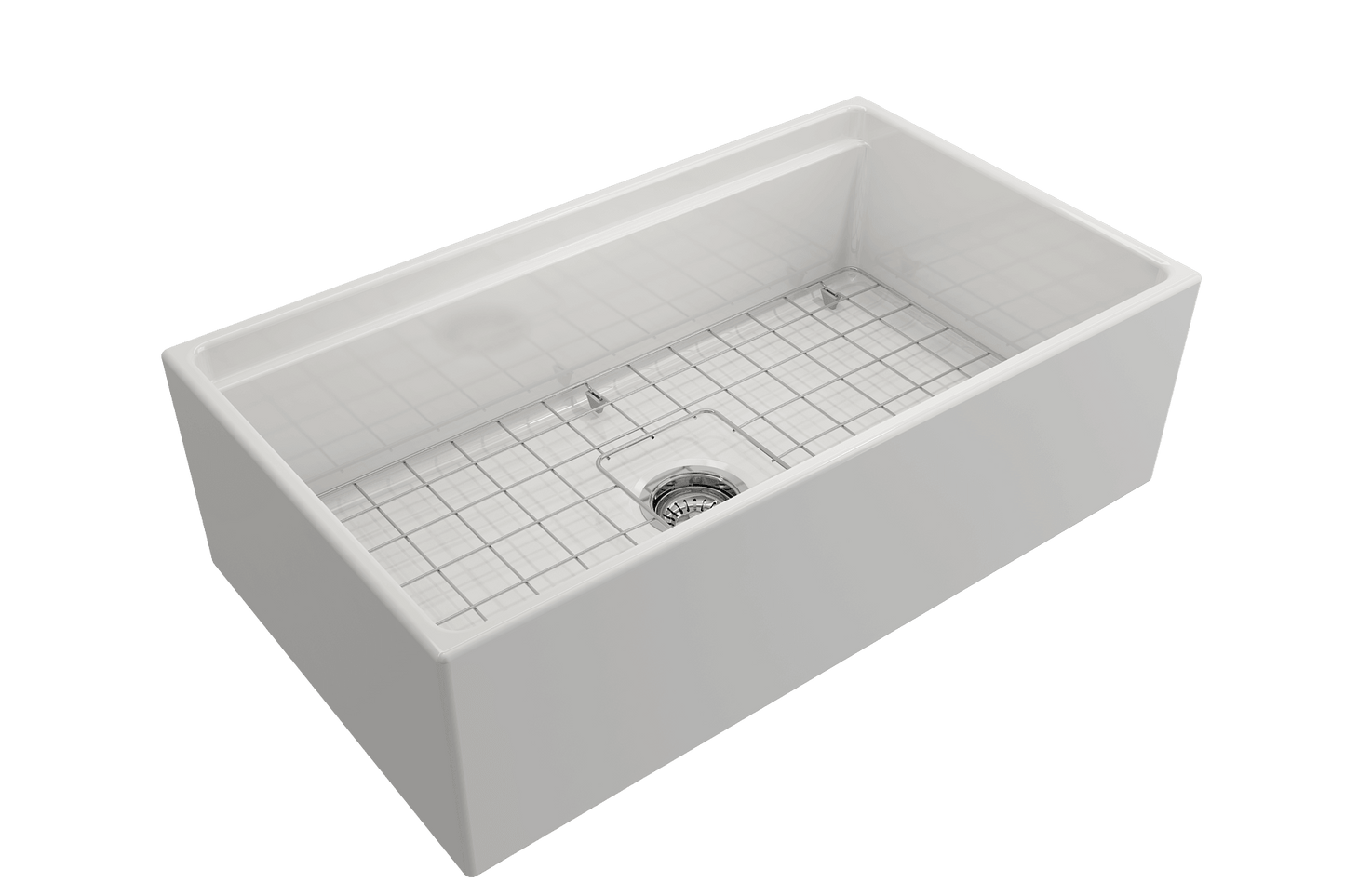 Side angle of white BOCCHI CONTEMPO 33" Fireclay Farmhouse sink highlighting center drain, chrome strainer and stainless steel bottom grid