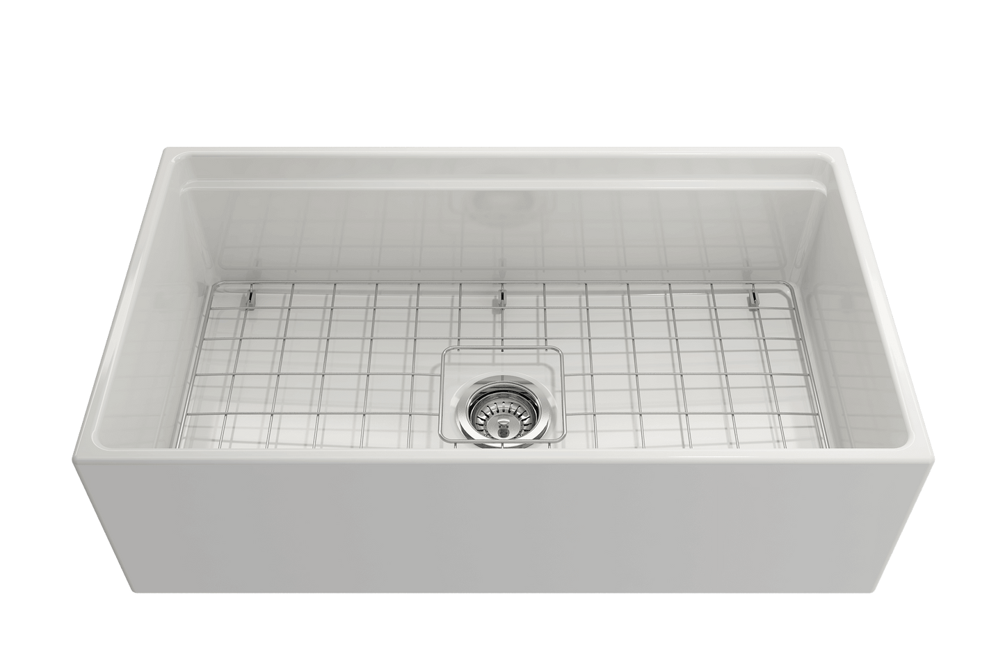 Front view of white BOCCHI CONTEMPO 33" Fireclay farmhouse sink showing chrome strainer and stainless steel bottom grid