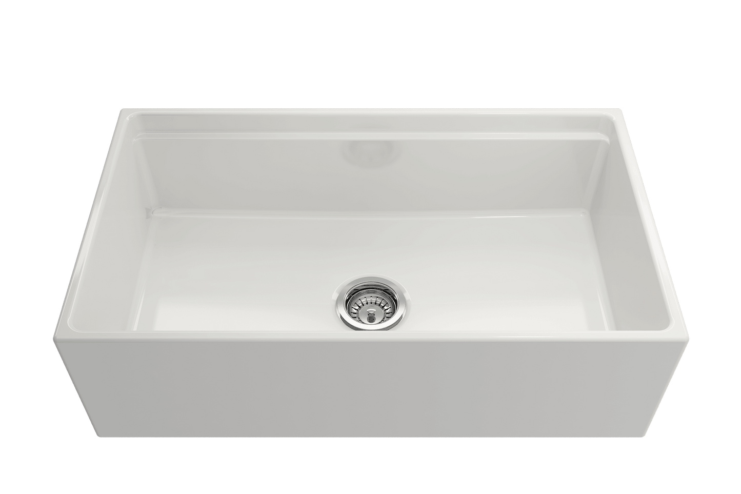 Front view of white BOCCHI CONTEMPO 33" Fireclay farmhouse sink showing chrome strainer.